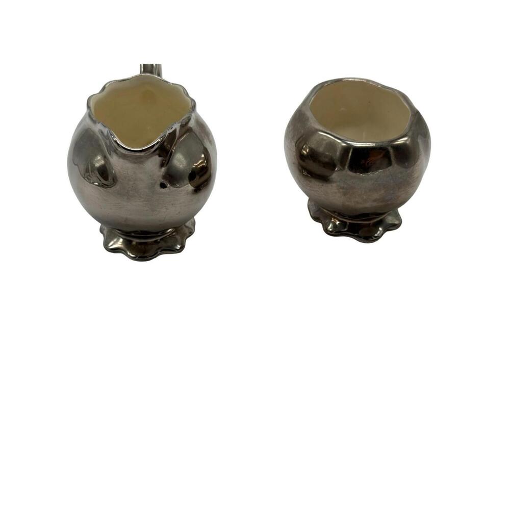 Vintage Grays Pottery Pewter Silver Tone Hand Painted Creamer Sugar Set Hanley - Picture 7 of 9